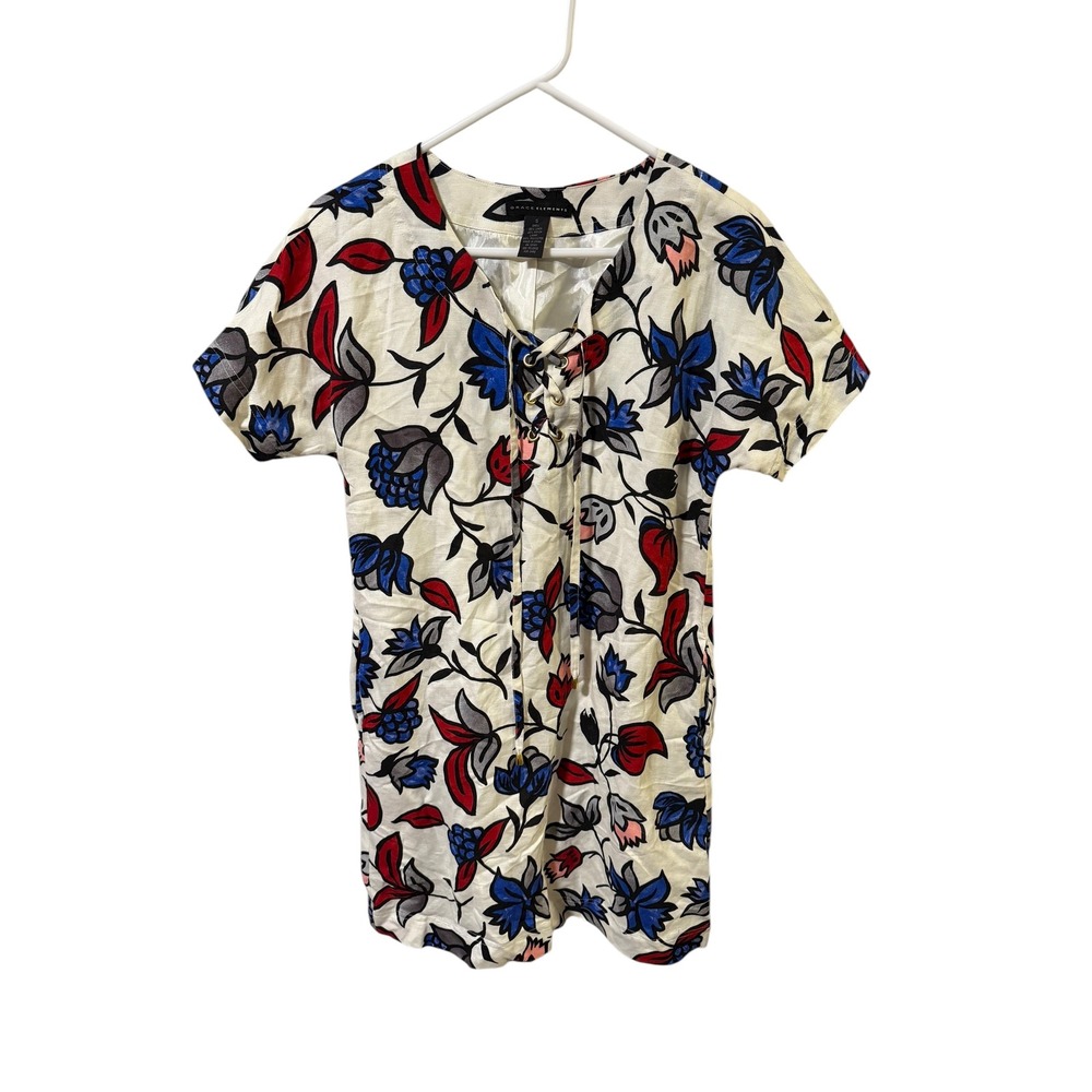 Grace‎ Elements Size Small Linen Blend Floral Print Lace Up Dress